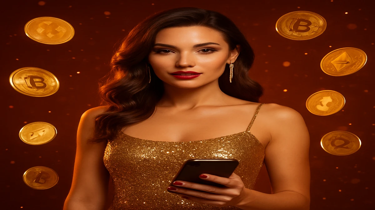 একটি উজ্জ্বল এশীয় নারী সোনালি পোশাক পরা একটি স্মার্টফোন ধরে আছেন; পাশ থেকে গোল্ডেন ডিজিটাল কয়েন বৃষ্টির মতো পড়ছে, darazplay-এ গেমিং প্ল্যাটফর্মের গেমগুলো প্রচারের জন্য।