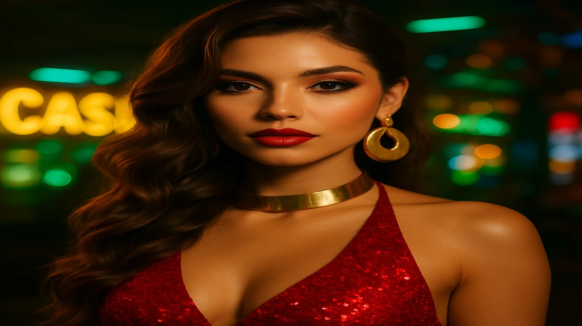 একজন গ্লামারাস নারী জটিল মেকআপ ও জহরত-গহনা পরে দৃষ্টিনন্দন হাসি ছড়িয়ে দেন, darazplay-গেমিং প্ল্যাটফর্মে; পেছনের আর্কেড গেমের রঙিন আলোগুলো ম্লানভাবেই ছড়িয়ে আছে।