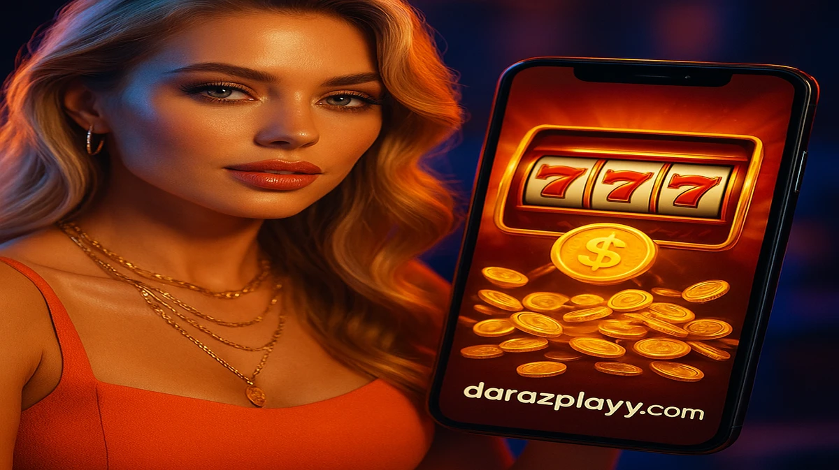darazplay-র গোল্ডেন মুদ্রা-থিমা গেমটি চলমান একটি স্মার্টফোন ধরে রাখছেন কমলা টপ পরা একটি সুন্দর সোনালি চুলের নারী; তার চারপাশে ডিজিটাল মুদ্রা ভাসছে।