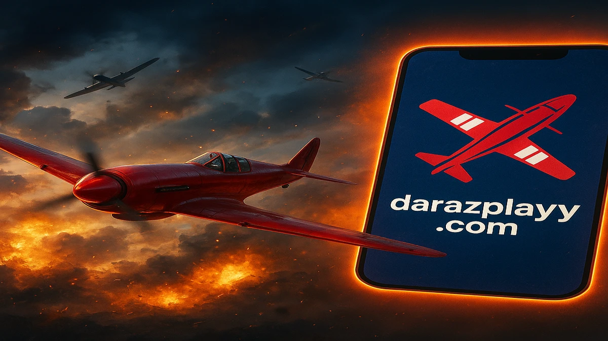 darazplay-এ Aviator গেমটির প্রচারণামূলক ছবি, যেখানে একটি লাল প্রপেলার বিমান বিস্ফোরিত ভূদৃশ্যের ওপর দিয়ে উড়ছে, ডান দিকে মোবাইল গেম ইন্টারফেস দৃশ্যমান।
