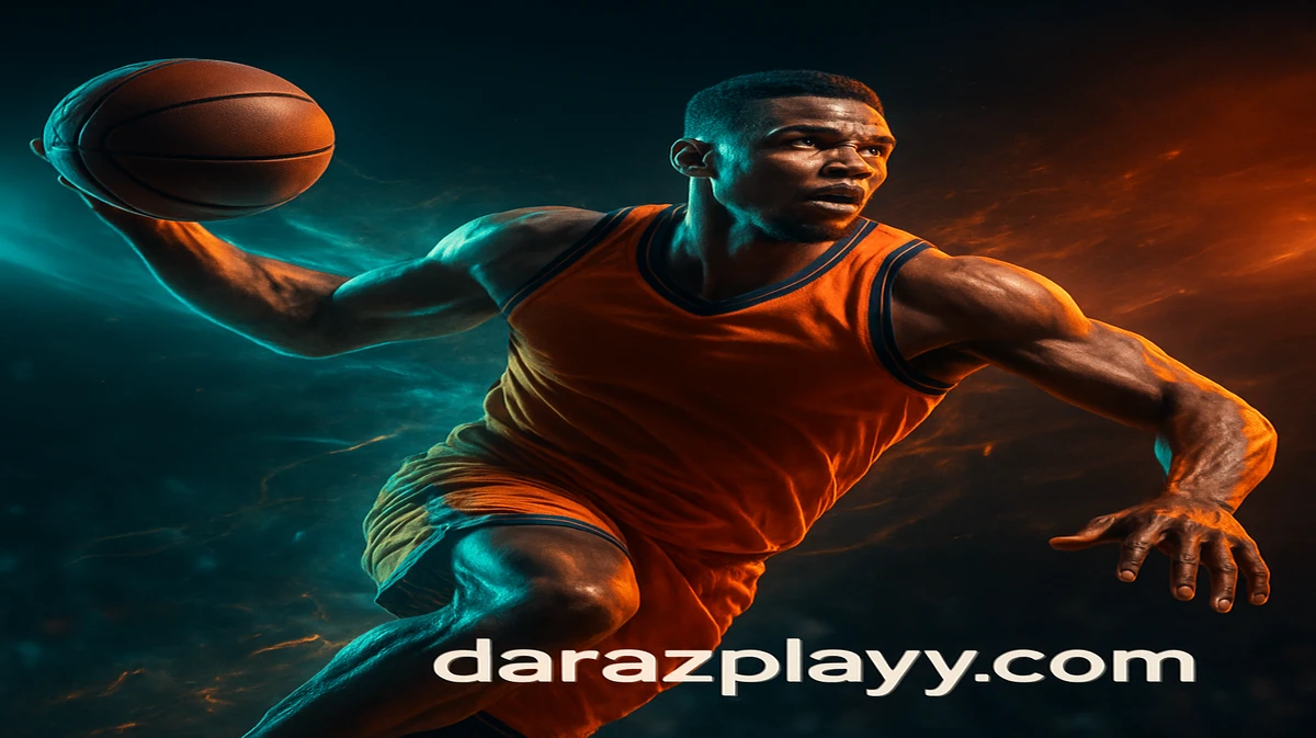 darazplay প্ল্যাটফর্মে স্পোর্টস গেমিং প্রচারের জন্য একটি গতিশীল ছবিতে একজন বসকেটবল খেলোয়াড় শক্তি-ভরা ড্রিবল করছেন, চারদিকে জ্বলন্ত কণা-প্রভাব ছড়িয়ে পড়ছে।