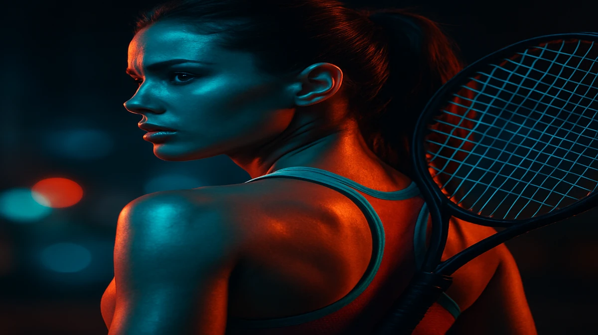 একজন মনোযোগী নারী টেনিস খেলোয়াড় বলটি মারতে প্রস্তুত; পেছনের আলো জ্বলছে এবং উড়ন্ত গেমিং প্ল্যাটফর্ম চিপগুলো দৃশ্যমান, darazplay-এ টেনিস গেমিং প্রচারিত হচ্ছে।