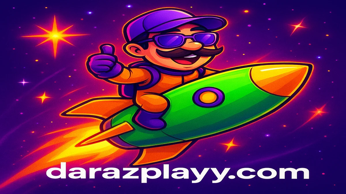 darazplay প্ল্যাটফর্মে জনপ্রিয় জ JetX-স্টাইল অ্যারকেড গেমটির প্রচারণার জন্য, গোঁফ ও সানগ্লাসধারী একটি স্টাইলাইজড চরিত্র একটি রকেট নিয়ে নক্ষত্র-গ্যালাক্সি জুড়ে ভ্রমণ করছে।