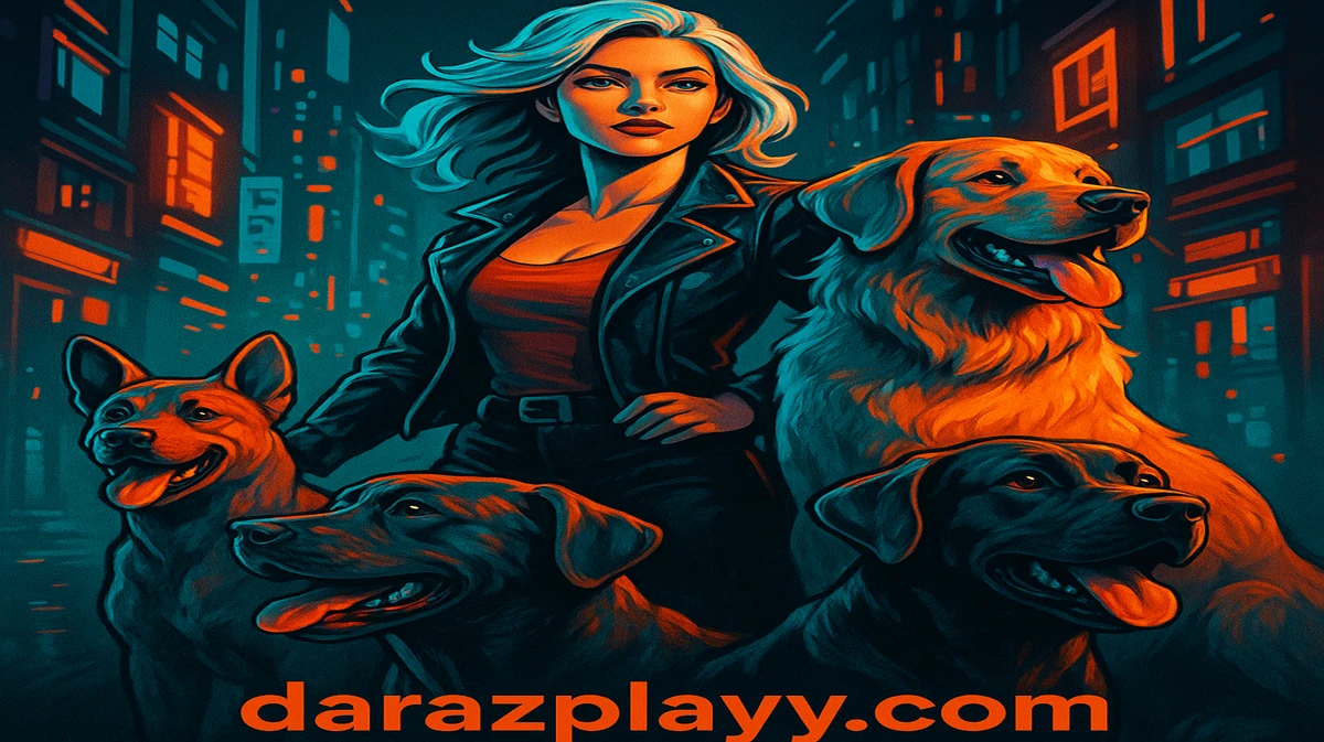 darazplay-এ দ্য হাউস মেগঅ্যাওয়ে গেমটির প্রচারণামূলক আর্ট, যেখানে রাতের শহরে একজন সাদা চুলের নারীর চারপাশে রয়েছে কয়েকটি বড়, कठোর-চেহারার কুকুর।