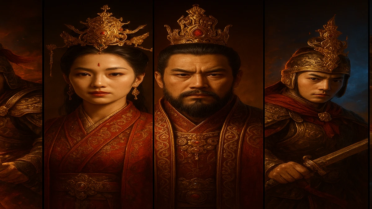 darazplay-র এশীয়-থিমা আর্কেড গেমগুলোর একটি কোলাজ, জাঁকালো ঐতিহ্যবাহী পোশাকে সুন্দর সম্রাজ্ঞীরা, প্রাচীন মন্দির ও আগুনের পটভূমিতে।
