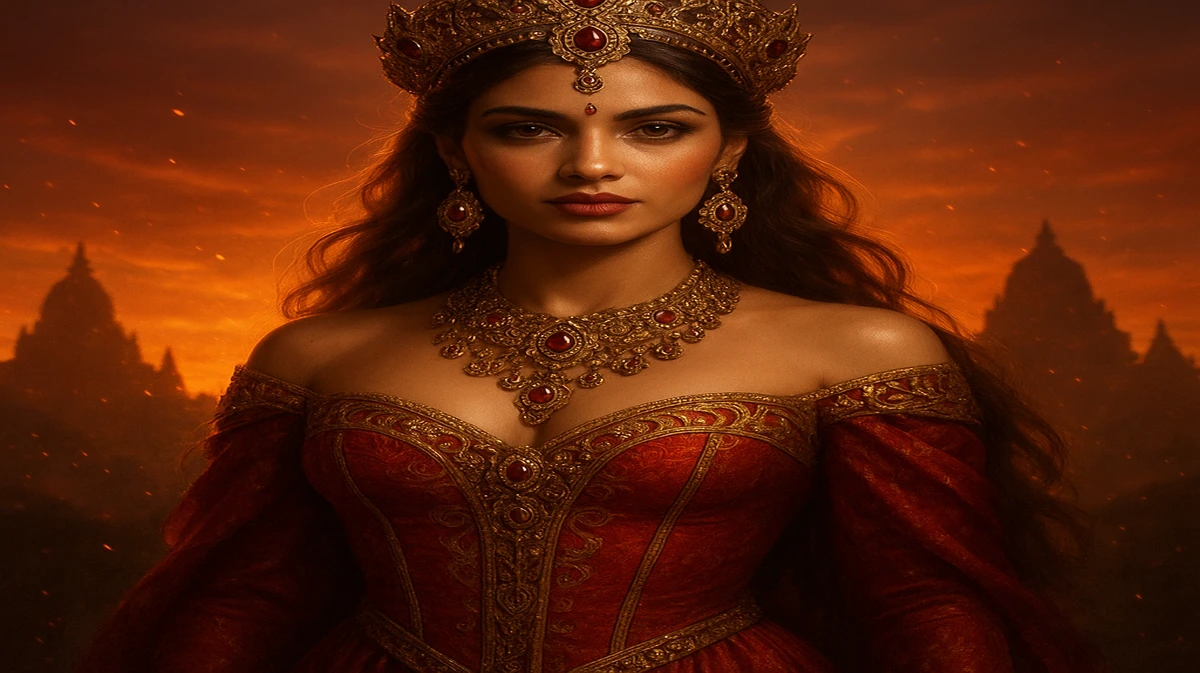 একটি অত্যন্ত সুন্দর এশীয় নারী ঐতিহ্যবাহী পোশাক ও জটিল অলংকারে সজ্জিত, নিস্তব্ধ মন্দিরের সামনে দাঁড়িয়ে; সামনে darazplay গোলাকার গেম বোর্ডটি দেখা যাচ্ছে।