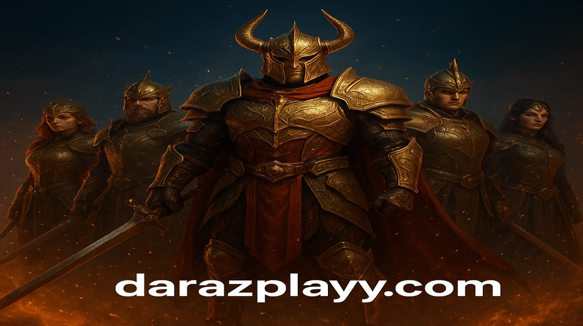 darazplay প্ল্যাটফর্মের একটি কল্পগেম থেকে আসা শক্তিশালী এশীয় যোদ্ধাদের দল, আলংকারিক লাল ও সোনা রঙে সজ্জিত এক রাজা নেতৃত্ব দিচ্ছেন, যুদ্ধের জন্য প্রস্তুত।