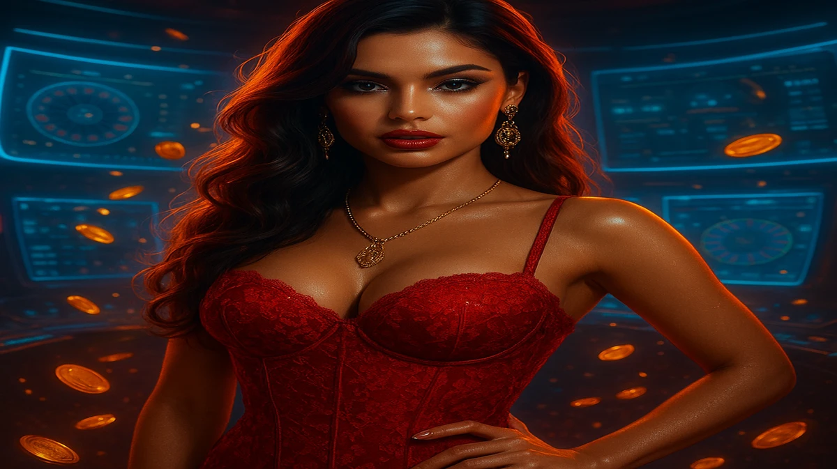 এক চমৎকার নারী, ঢেউখোলা চুল ও ঝলমলে দুলে সজ্জিত, darazplay গেমিং প্ল্যাটফর্মের উজ্জ্বল আলোয় জ্বলজ্বল করে দাঁড়িয়ে আছেন, চারপাশে আরকেড খেলার আলোছটা ছড়িয়ে রয়েছে।