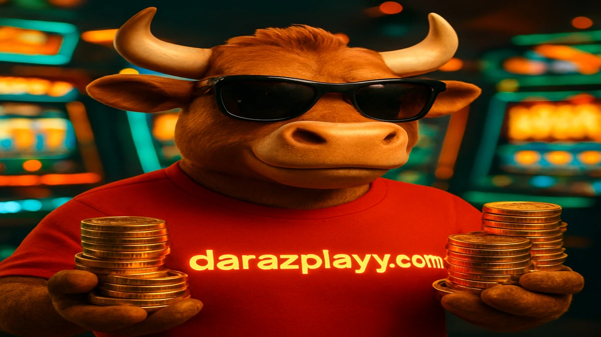 darazplay-এ Fortune Ox গেমটির শক্তিশালী মূর্তি, সানগ্লাস পরা এক কুল ষাঁড়, জ্বলজ্বল করা গেমিং প্ল্যাটফর্ম সেটিংয়ের মধ্যে সোনা কয়েনের স্তূপ ধরে আছে।