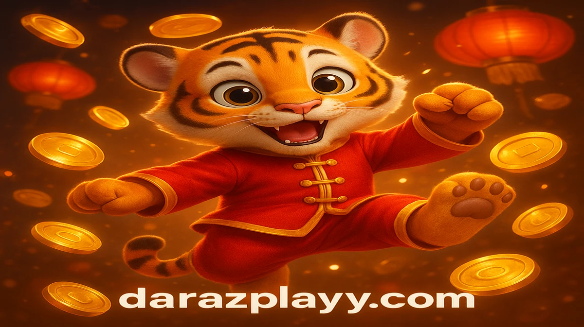 darazplay-এ Fortune Tiger গেমের মিষ্টি কার্টুন মূর্তি সোনার কয়েন বর্ষণ ও শুভ লণ্ঠনের আলোয় মার্শাল আর্টের ভঙ্গি ধারণ করেছে।