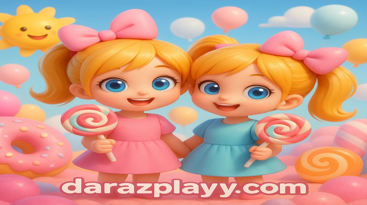 darazplay-এ জনপ্রিয় সুইট বোন্নাঞ্জা গেমটির প্রতিনিধিত্ব করতে সোনালি ও কমলা চুলের দুইটি মিষ্টি অ্যানিমে-শৈলীর মেয়ে রঙিন ক্যান্ডি-ল্যান্ডে ললিপপ ধরে আছে।
